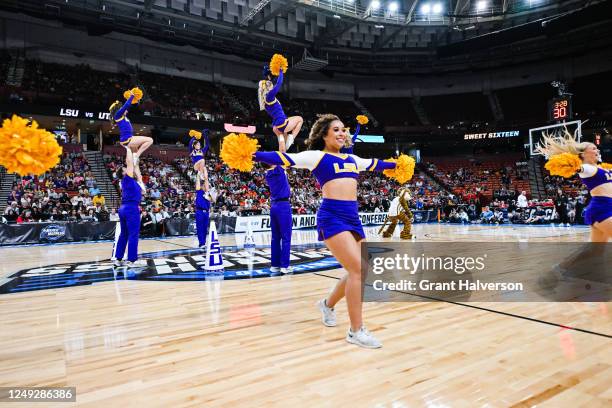 Cheerleader for the LSU Tigers during the Sweet Sixteen round of the 2023 NCAA Womens Basketball Tournament held at Bon Secours Wellness Arena on...