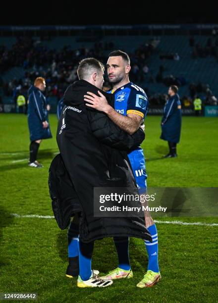 Dublin , Ireland - 24 March 2023; Luke McGrath and Dave Kearney of Leinster embrace after the United Rugby Championship match between Leinster and...