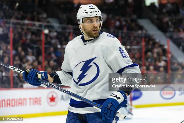 Tampa Bay Lightning Defenceman Erik Cernak before a face-off during second period National Hockey League action between the Tampa Bay Lightning and...