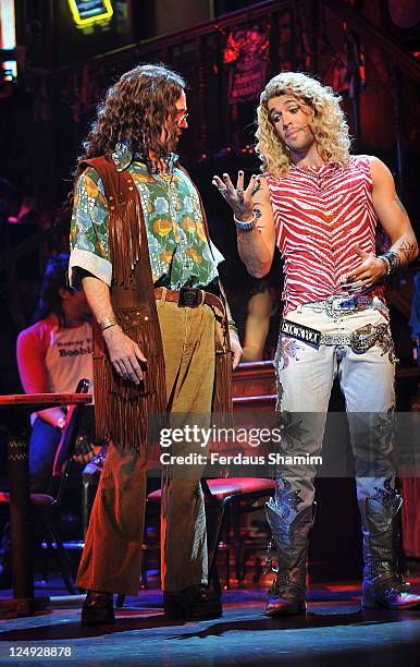 Justin Lee Collins and Shayne Ward promote the new show 'Rock of Ages: The Musical' at Shaftesbury Theatre on September 14, 2011 in London, England.