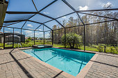 Swimming pool and net enclosure in back of home
