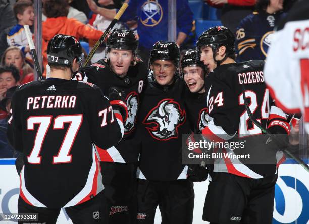 Dylan Cozens of the Buffalo Sabres celebrates his first period goal against the New Jersey Devils during an NHL game on March 24, 2023 at KeyBank...