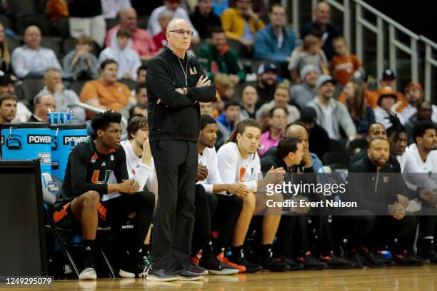 Head coach Jim Larranaga of the Miami Hurricanes watches his team in action against the Houston Cougars during the Sweet Sixteen round of the 2023...