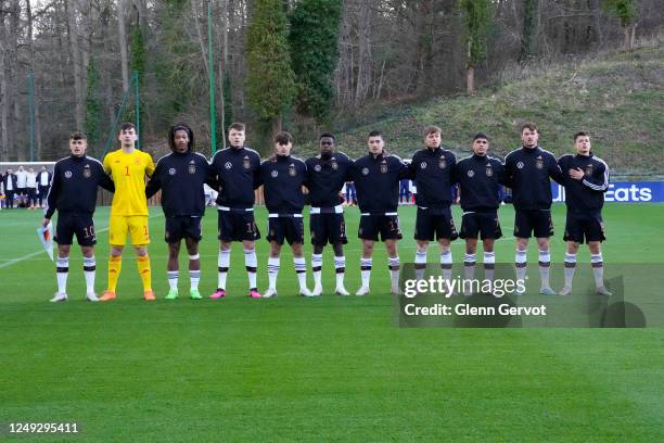 German National team is aligned during national anthem prior the international friendly match between France U18 and Germany U18 at Centre National...