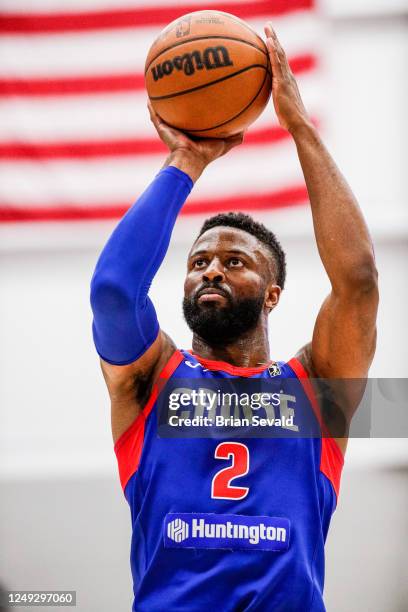 David Nwaba of the Motor City Cruise shoots a free throw during the game against the Cleveland Charge on March 24, 2023 in Detroit, Michigan at Wayne...