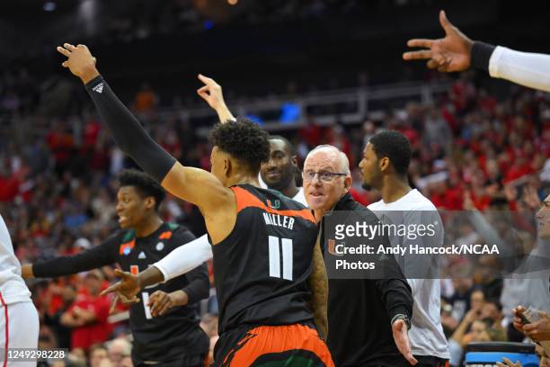 Head coach Jim Larranaga of the Miami Hurricanes cheers on guard Jordan Miller of the Miami Hurricanes against the Houston Cougars during the Sweet...