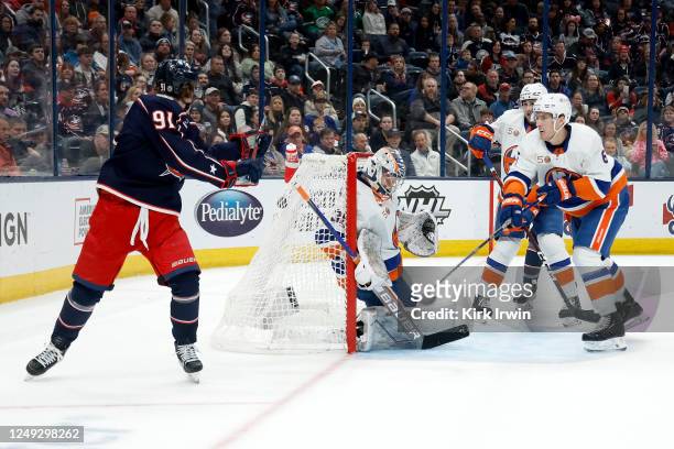 Kent Johnson of the Columbus Blue Jackets beats Ilya Sorokin of the New York Islanders for a goal during the second period of the game at Nationwide...