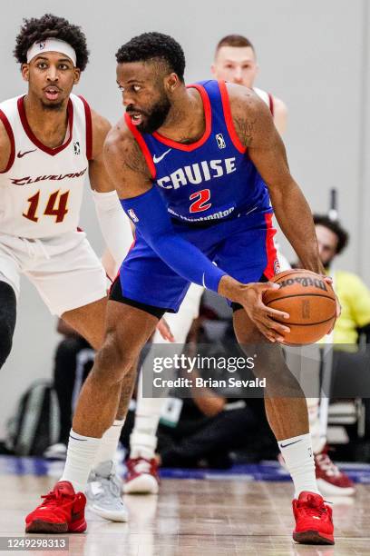 David Nwaba of the Motor City Cruise handles the ball during the game against the Cleveland Charge on March 24, 2023 in Detroit, Michigan at Wayne...