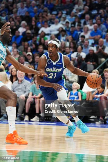 Frank Ntilikina of the Dallas Mavericks drives to the basket during the game against the Charlotte Hornets on March 24, 2023 at the American Airlines...