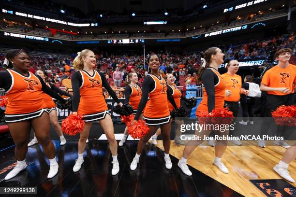 The Princeton Tigers cheerleaders dance on the sidelines before facing the Creighton Bluejays during the Sweet Sixteen round of the 2022 NCAA Men's...