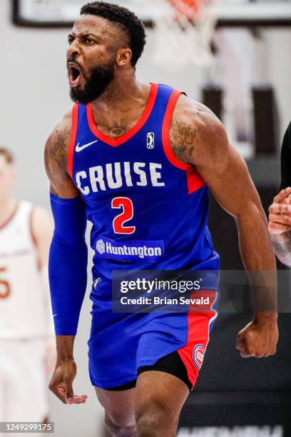 David Nwaba of the Motor City Cruise reacts to a play during the game against the Cleveland Charge on March 24, 2023 in Detroit, Michigan at Wayne...