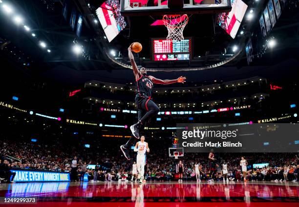 Pascal Siakam of the Toronto Raptors dunks against the Detroit Pistons during the first half of their basketball game at the Scotiabank Arena on...