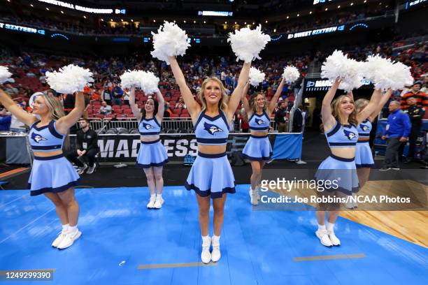 Creighton Bluejays cheerleaders dance on the sidelines before facing the Princeton Tigers during the Sweet Sixteen round of the 2022 NCAA Men's...