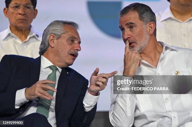 Argentine President Alebrto Fernandez and King Felipe VI of Spain chat during the inaugural act of the XXVIII Ibero-American Summit of Heads of State...