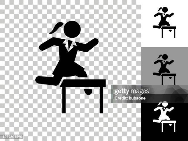 jumping hürden businesswoman icon auf checkerboard transparenten hintergrund - women's track stock-grafiken, -clipart, -cartoons und -symbole