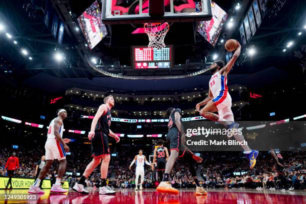 Marvin Bagley III of the Detroit Pistons goes to the basket against the Toronto Raptors during the second half of their basketball game at the...