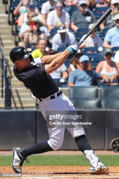 New York Yankees outfielder Aaron Judge at bat during the spring training game between the Minnesota Twins and the New York Yankees on March 24, 2023...