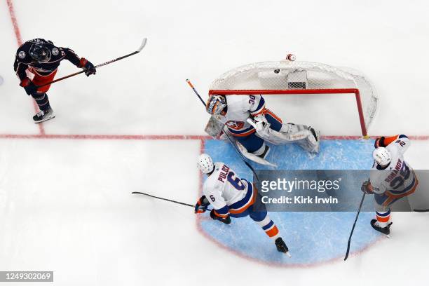 Kent Johnson of the Columbus Blue Jackets beats Ilya Sorokin of the New York Islanders for a goal during the second period of the game at Nationwide...