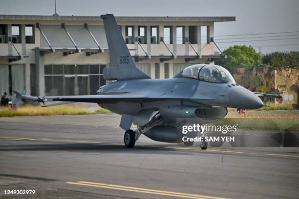 Made F-16 V fighter taxis on the run way at an air force base in Chiayi county on March 25, 2023.