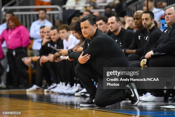 Head coach Sean Miller of the Xavier Musketeers watches his team in action against the Texas Longhorns during the Sweet Sixteen round of the 2023...