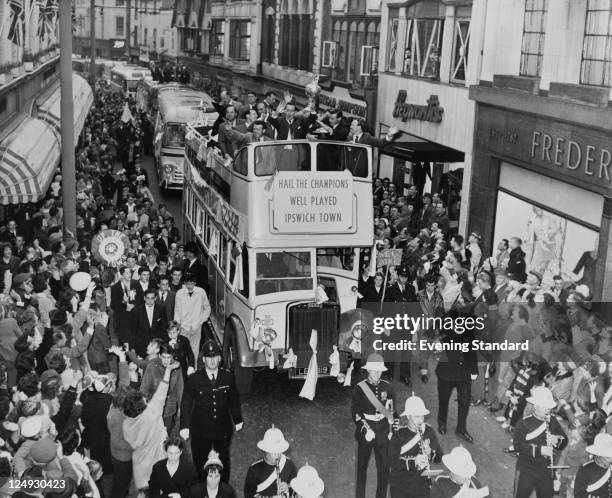 The Ipswich Town football team ride through the streets of Ipswich in triumph after winning the Football League Cup, to a civic reception at the town...