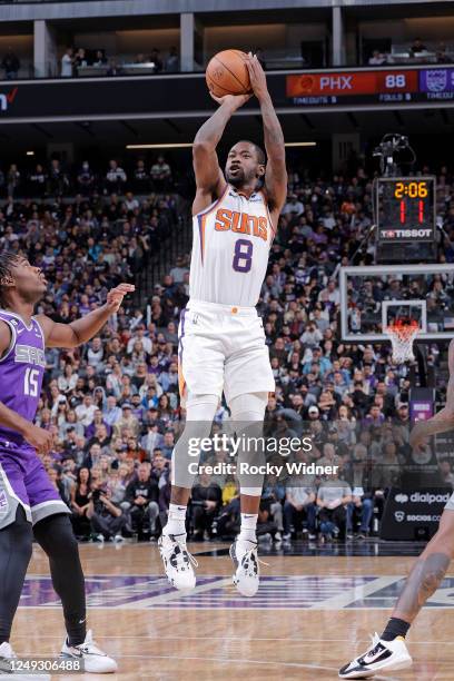 Terrence Ross of the Phoenix Suns shoots the ball during the game against the Sacramento Kings on March 24, 2023 at Golden 1 Center in Sacramento,...