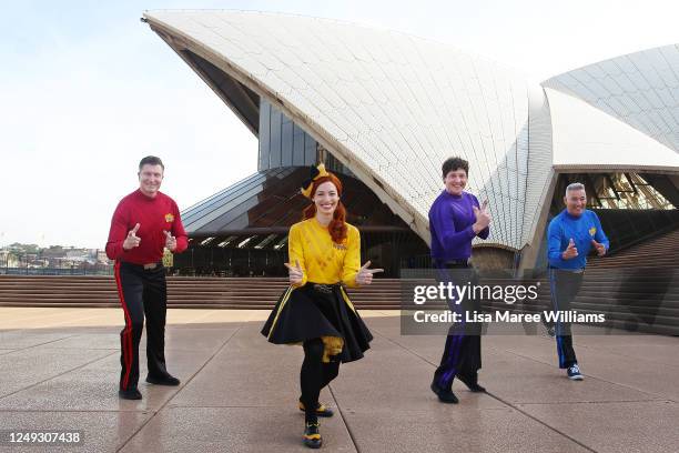 Simon Pryce, Emma Watkins, Lachlan Gillespie and Anthony Field of The Wiggles pose at Sydney Opera House on June 13, 2020 in Sydney, Australia. The...