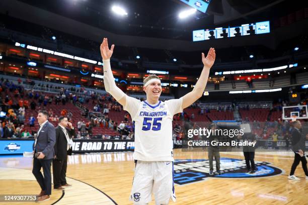 Baylor Scheierman of the Creighton Bluejays celebrates defeating the Princeton Tigers during the Sweet Sixteen round of the 2022 NCAA Men's...