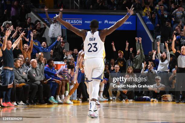 Draymond Green of the Golden State Warriors celebrates during the game against the Philadelphia 76ers on March 24, 2023 at Chase Center in San...