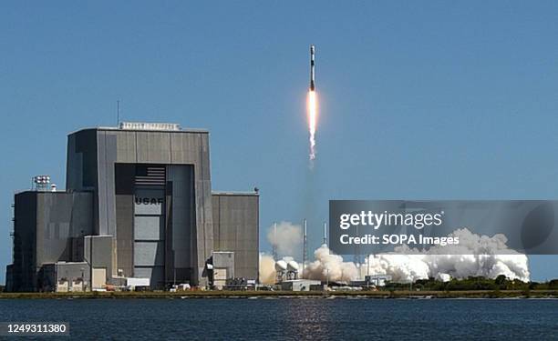SpaceX Falcon 9 rocket carrying a batch of 56 Starlink internet satellites launches from pad 40 at Cape Canaveral Space Force Station in Cape...