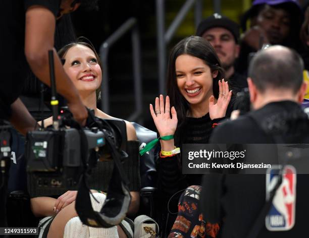 Oliva Rodrigo and Iris Apatow attend the Oklahoma City Thunder and Los Angeles Lakers game at Crypto.com Arena on March 24, 2023 in Los Angeles,...