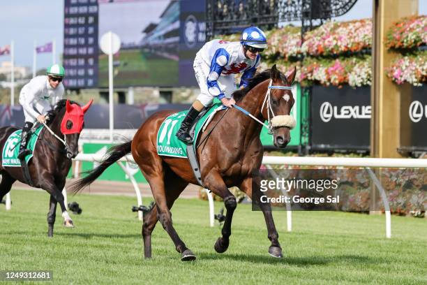 Pounding on the way to the barriers prior to the running of the TAB Australian Cup at Flemington Racecourse on March 25, 2023 in Flemington,...