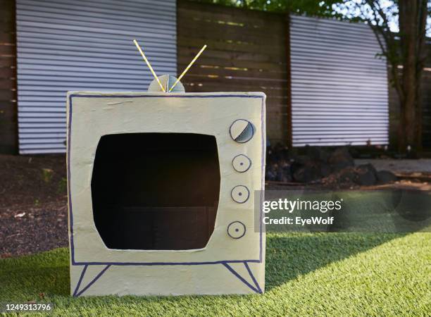 a tv made from a cardboard box, sitting outside in a back yard - insight tv stock pictures, royalty-free photos & images