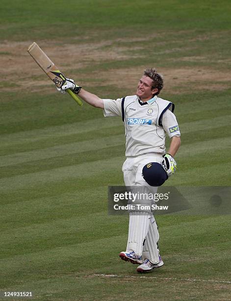 Liam Dawson of Hampshire celebrates reaching his century during the LV County Championship match between Hampshire and Warwickshire at the Rosebowl...