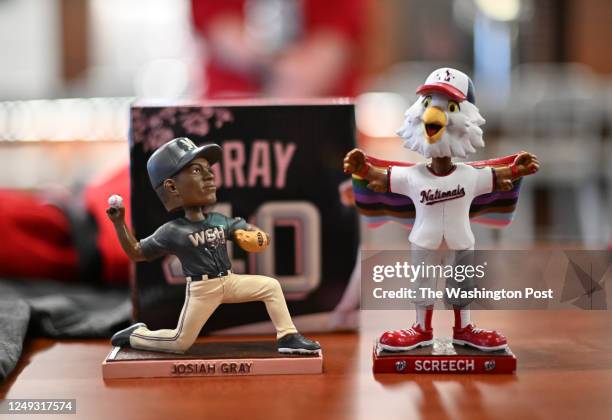 The new Josiah Gray and Screech bobbleheads are shown during a media tour of the new and enhanced, previous amenities at Nationals Park on March 24,...