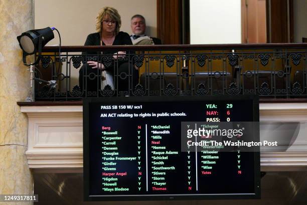 Monitor shows the vote tally for SB150 on February 16, 2023 at the Kentucky State Capitol in Frankfort, Kentucky. The bill, passed by the Senate...