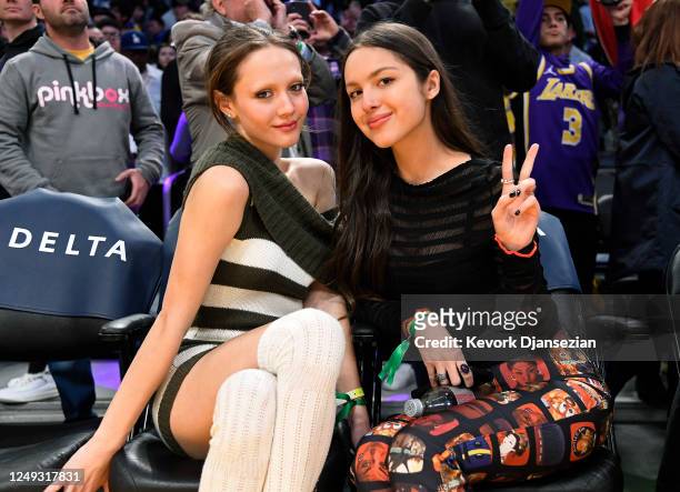 Iris Apatow and Olivia Rodrigo attend the Oklahoma City Thunder and the Los Angeles Lakers game at Crypto.com Arena on March 24, 2023 in Los Angeles,...
