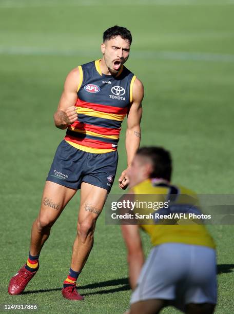 Izak Rankine of the Crows celebrates a goal during the 2023 AFL Round 02 match between the Adelaide Crows and the Richmond Tigers at Adelaide Oval on...