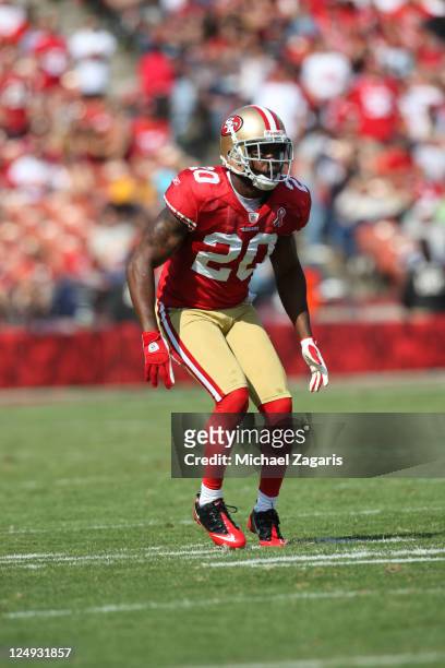 Madieu Williams of the San Francisco 49ers defends during the game against the Seattle Seahawks at Candlestick Park on September 11, 2011 in San...