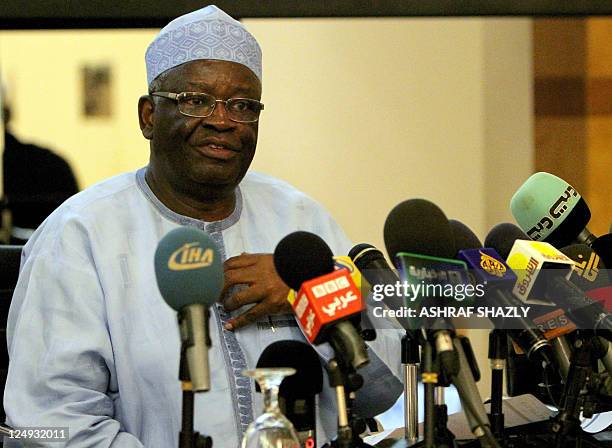 United Nations-African Union joint special representative, Ibrahim Gambari, speaks to the press in the Sudanese capital Khartoum on September 14,...