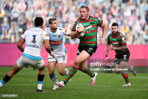 Tom Burgess of the Rabbitohs makes a break during the round five NRL match between the South Sydney Rabbitohs and the Gold Coast Titans at Bankwest...