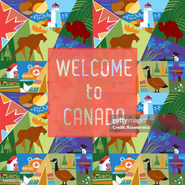 welcome to canada - peggys cove lighthouse stock illustrations