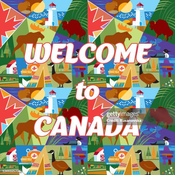 welcome to canada - peggys cove lighthouse stock illustrations