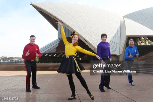 Simon Pryce, Emma Watkins, Lachlan Gillespie and Anthony Field of The Wiggles pose at Sydney Opera House on June 13, 2020 in Sydney, Australia. The...