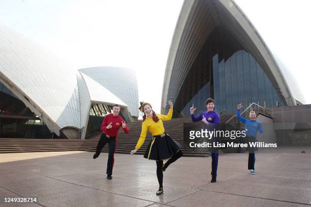 Simon Pryce, Emma Watkins, Lachlan Gillespie and Anthony Field of The Wiggles pose at Sydney Opera House on June 13, 2020 in Sydney, Australia. The...