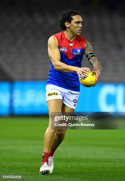 Harley Bennell of the Demons kicks during the round 2 AFL match between the Carlton Blues and the Melbourne Demons at Marvel Stadium on June 13, 2020...