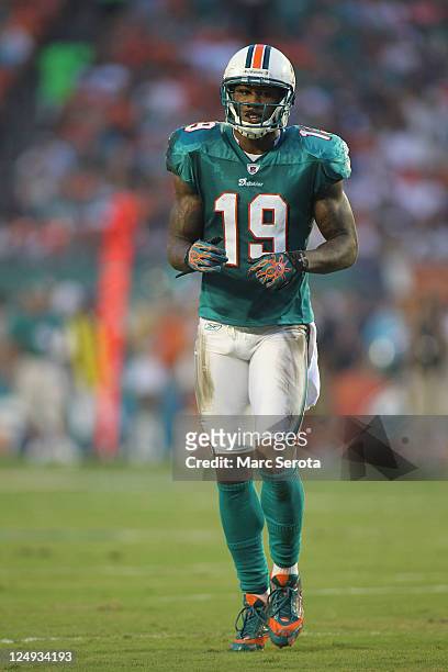 Receiver Brandon Marshall#19 of the Miami Dolphins plays the New England Patriots at Sun Life Stadium on September 12, 2011 in Miami Gardens, Florida.