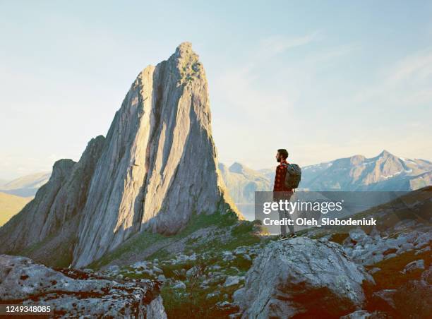 mens die zich bevindt en segla dichtbij berg op eiland senja bekijkt - senja stockfoto's en -beelden