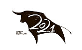 Vector Handwritten number of 2021 on silhouette of ox background. Happy New Year.