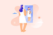 Woman seeing herself as child girl in mirror reflexion, inner child psychology therapy concept, inner child concept, childlike behaviour, mental health psychotherapy, modern vector illustration